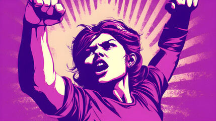 ilustración de una silueta de mujer con intencion de lucha y puños arriba, por el dia de la mujer 8 de marzo - obrazy, fototapety, plakaty