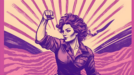 ilustracion clasica de mujer con puño levantado por empoderamiento feminismo, dia de la mujer, 8 de marzo en colores morados y rayos de luz