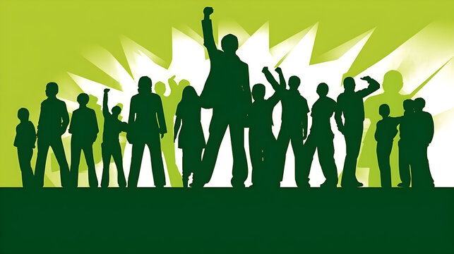 siluetas de ilustracion de hombres en concepto de lucha igualdad buscando la igualdad de los derechos humanos y justicia alto contraste con color verde sobre saliente