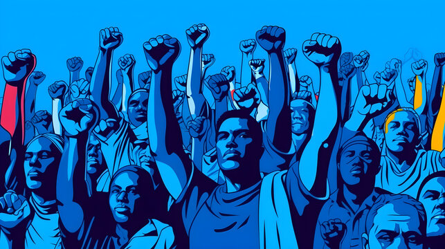 hombres empoderados concepto de libertad, igualdad y lucha siluetas con puños levantados de hombres en color azul