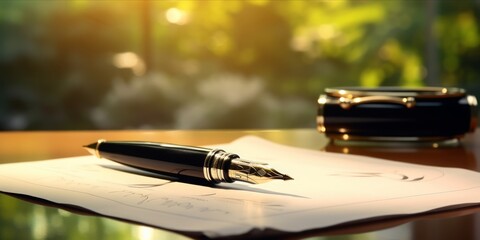 Fountain Pen Graces a Signed Contract on a Modern New York Office Table, Merging Style with Corporate Success - obrazy, fototapety, plakaty