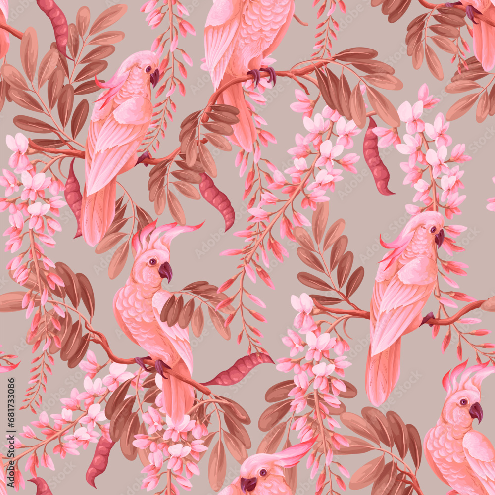 Wall mural Seamless pattern with acacia flowers and parrots. Vector.