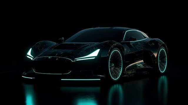 Supersport car with dark background, Led lighting. Created with generative AI.