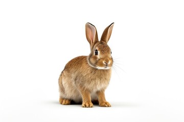 A brown rabbit is pictured sitting on top of a white floor. This image can be used for various purposes, such as illustrating the concept of animals, pets, or nature.