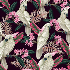 Seamless pattern with cockatoo, tropical leaves and flowers. Vector. © Yumeee
