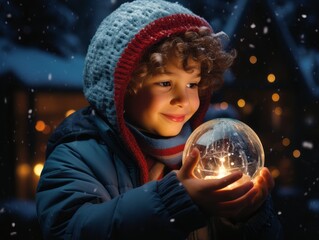 Naklejka premium wonder on a child's face as they unwrap a present to find a magical snow globe