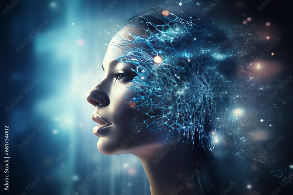 Poster female robot face with artificial intelligence concept on digital particles background