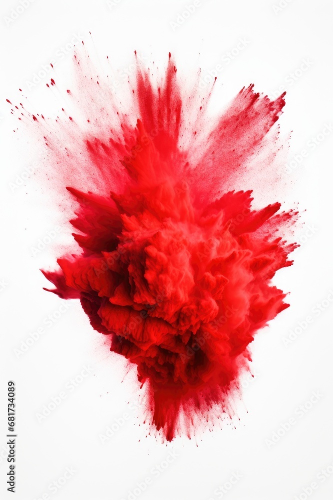 Poster A vibrant red powder explosion captured on a clean white background. This image can be used to add a dynamic and energetic touch to various projects.