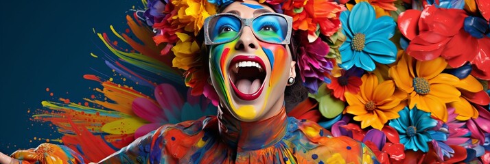 Senior woman in magnificent carnival mask on vibrant studio background with text space