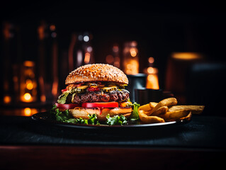 Beef burger with juicy beef patty on black plate. Serving with fried. Generative AI