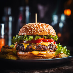 Beef burger with juicy beef patty on black plate. Serving with fried. Generative AI