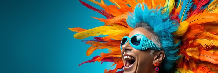 Elderly woman wearing carnival mask on vibrant studio background with space for text placement