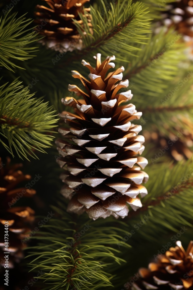 Poster A detailed close-up of a pine cone on a tree. This image can be used to showcase the natural beauty of trees and the intricate details of pine cones.