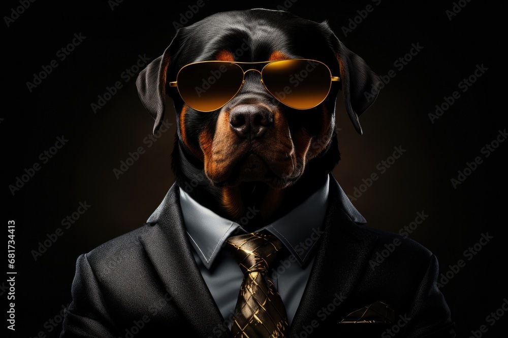 Poster a picture of a dog dressed in a suit and wearing sunglasses. this image can be used for humorous or 