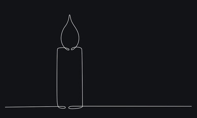 Christmas candle with burning flame. One continuous single line hand drawing art. Vector stock illustration isolated on black background for design template greeting card, invitation. Editable stroke