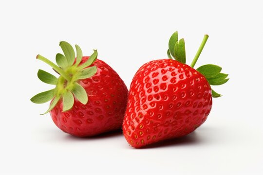 A simple yet vibrant image of two red strawberries with green leaves placed on a clean white surface. Perfect for food-related projects and designs.