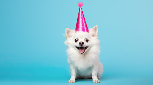 perro chihuahua blanco con un gorro de fiesta rosa sobre fondo azul turquesa. Concepto celebracion,fiesta