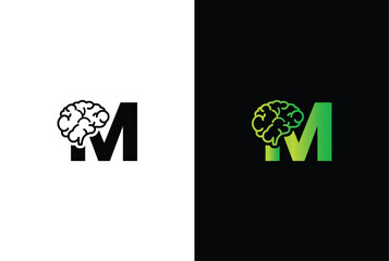 Initial letter M brain logo and icon vector illustration template design. Letter M Brain Idea Logo.