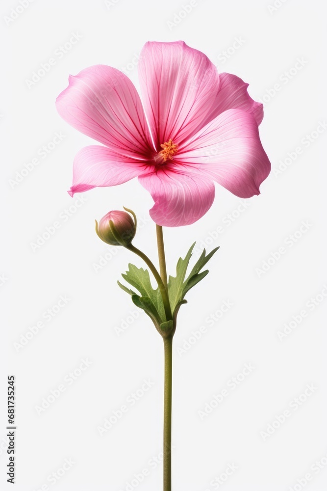 Poster a beautiful single pink flower on a stem against a clean white background. ideal for various uses an
