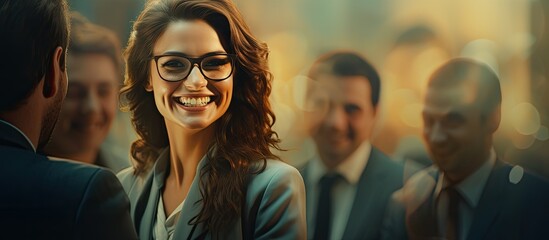 The successful woman in the modern corporate world was happy as she delivered a flawless presentation, showcasing her expertise in digital technology, shaking hands with her business counterparts and