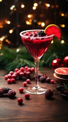 Red cocktail with berries and winter decoration