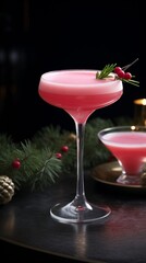 Seasonal cocktails in high glass on bar counter. Pink alcohol cocktail decorated with fir branch and berry.