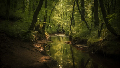 Tranquil scene of flowing water in uncultivated wilderness area generated by AI