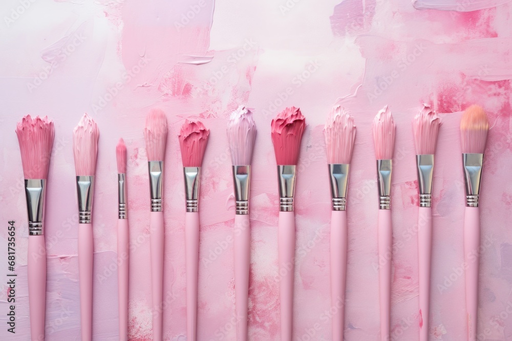 Poster a row of pink paint brushes sitting next to each other. this versatile image can be used for various