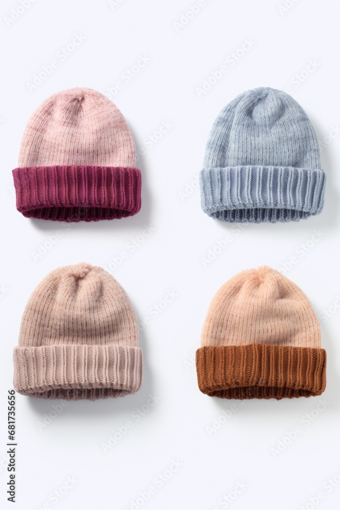 Poster a group of four hats sitting neatly on top of a white surface. versatile and suitable for various th