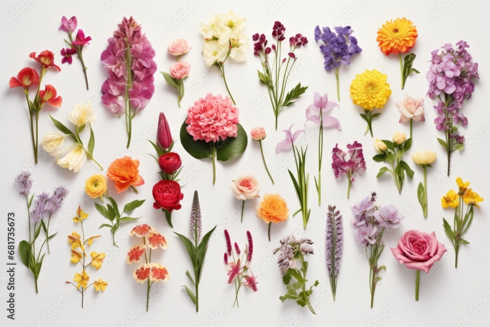 Poster A beautiful arrangement of various colored flowers displayed on a clean white surface. Perfect for adding a touch of nature and vibrancy to any project or design