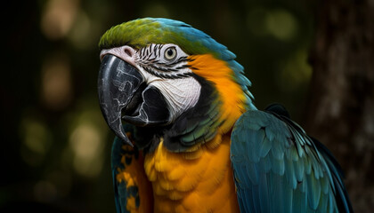 Obraz premium Vibrant macaw perching on branch, looking at camera, talking generated by AI