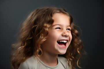 Obraz na płótnie Canvas Joyful little girl is captured laughing as she holds toothbrush. This image can be used to promote dental hygiene and children's oral care