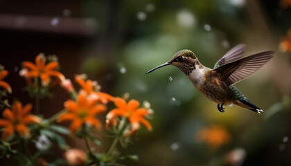 Hummingbird hovering, multi colored feathers spread, pollinating a vibrant flower generated by AI