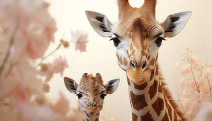 Fototapeta premium Cute giraffe in the African savannah, grazing under the sunset generated by AI