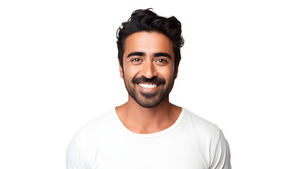 portrait of an attractive indian male in his 30s with a beard smile and looking into the camera isolated against a white background - obrazy, fototapety, plakaty