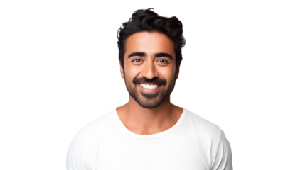 portrait of an attractive indian male in his 30s with a beard smile and looking into the camera isolated against a white background