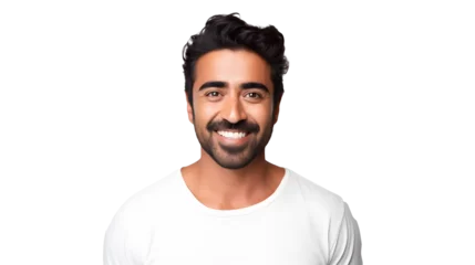 Fotobehang portrait of an attractive indian male in his 30s with a beard smile and looking into the camera isolated against a white background © Prasanth