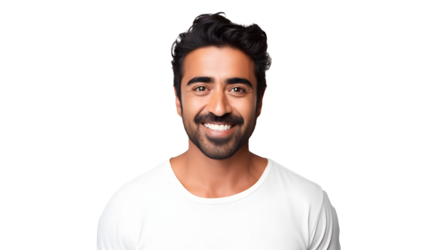 portrait of an attractive indian male in his 30s with a beard smile and looking into the camera isolated against a white background