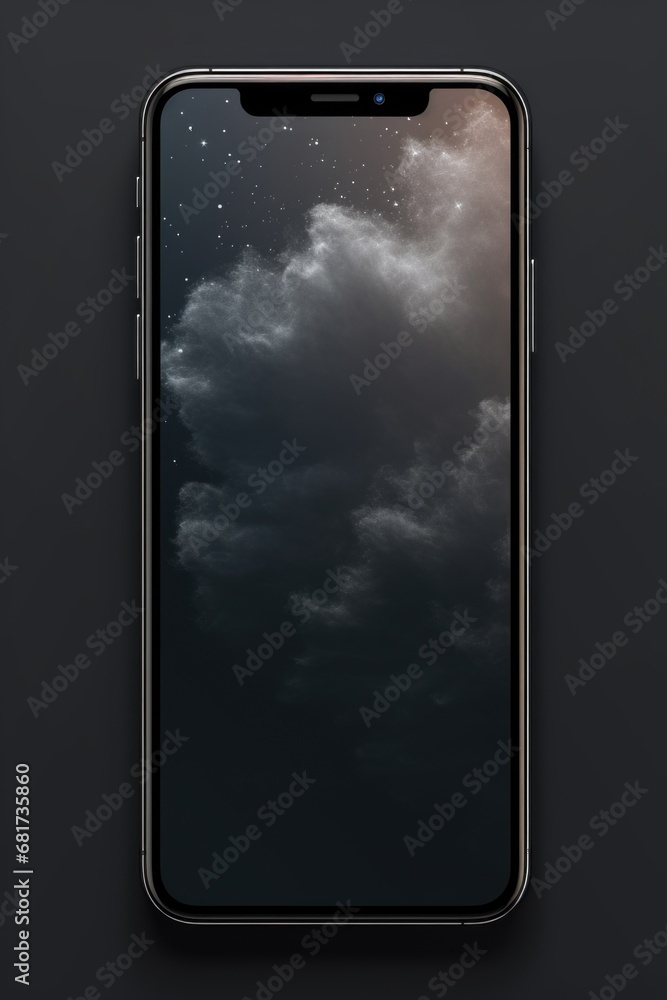 Poster a black phone is pictured against a cloudy sky background. this image can be used to represent techn