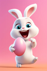 Cheerful Easter bunny with Easter egg. Pink background, copy space.