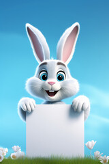 Cheerful Easter bunny with Easter egg. Holding a blank sheet of paper. Blue background, copy space.