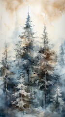 Watercolor with tranquility forest landscape. Poster art.