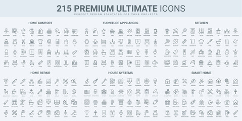 Smart house system, control access, furniture and home repair service thin black line icons set vector illustration. Outline symbols of maintenance and chefs tools, bedroom and kitchen, garage