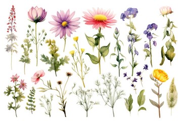 A collection of different flowers arranged together on a plain white background. This versatile image can be used for various purposes