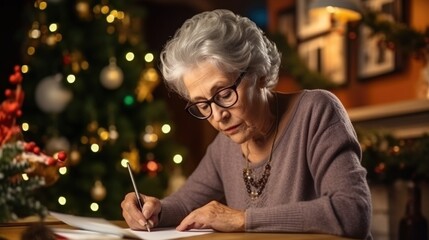 senior woman write letter to Santa, christmas decoration on background