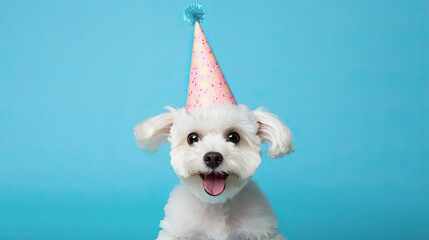 perro bichón maltés blanco con un gorro de fiesta sobre fondo azul turquesa. Concepto celebraciones, cumpleaños, aniversarios - obrazy, fototapety, plakaty