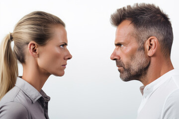 Picture of man and woman standing in front of each other, looking directly at each other. This image can be used to represent communication, relationships, or conflict resolution