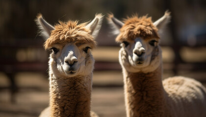 Obraz premium Cute alpaca looking at camera in nature beautiful meadow generated by AI