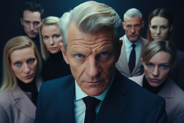 Obraz premium Professional man in suit standing confidently in front of group of people. This image can be used to depict leadership, teamwork, or business meetings