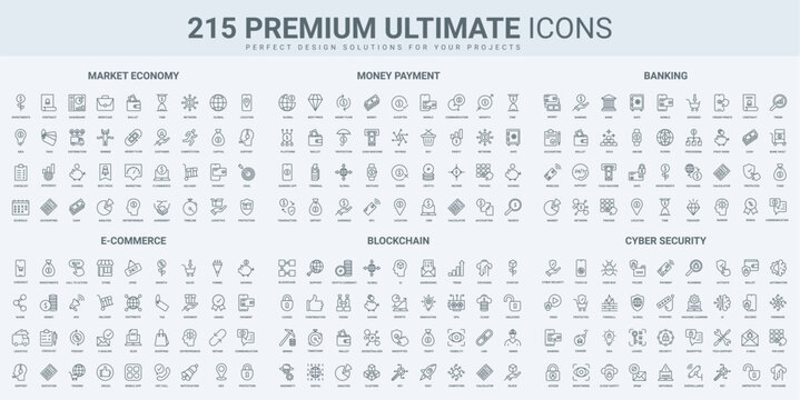 Ecommerce, cryptocurrency and money payment online, data protection thin black line icons set vector illustration. Outline symbols of wallet and delivery, sales in retail shop, blockchain and mining